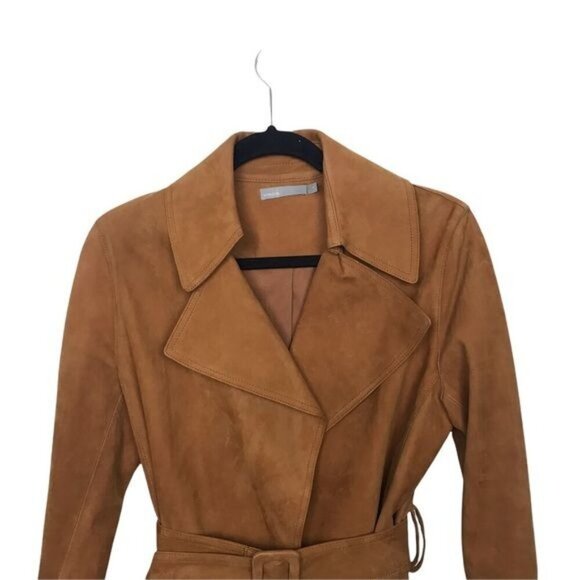 Vince Tan Suede Leather Belted Trench Coat Medium - Picture 5 of 16